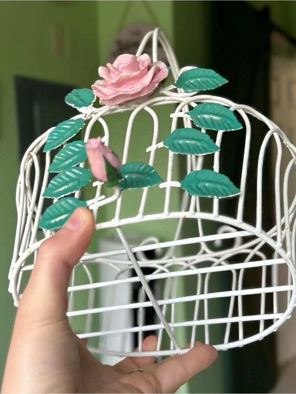 Vintage White Metal Basket With Pink and Green Floral Front
